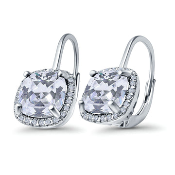 14K White Gold Cushion Halo Leverback Earrings Round Cubic Zirconia